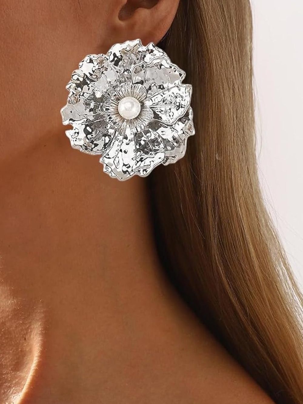Oversized Silver Floral Pearl Statement Earrings